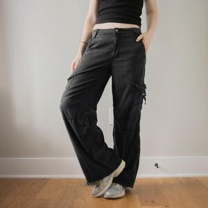 Black Flowy Lyocell Summer Skater Beach Casual Y2K Cargo Women's Mid Rise Pants